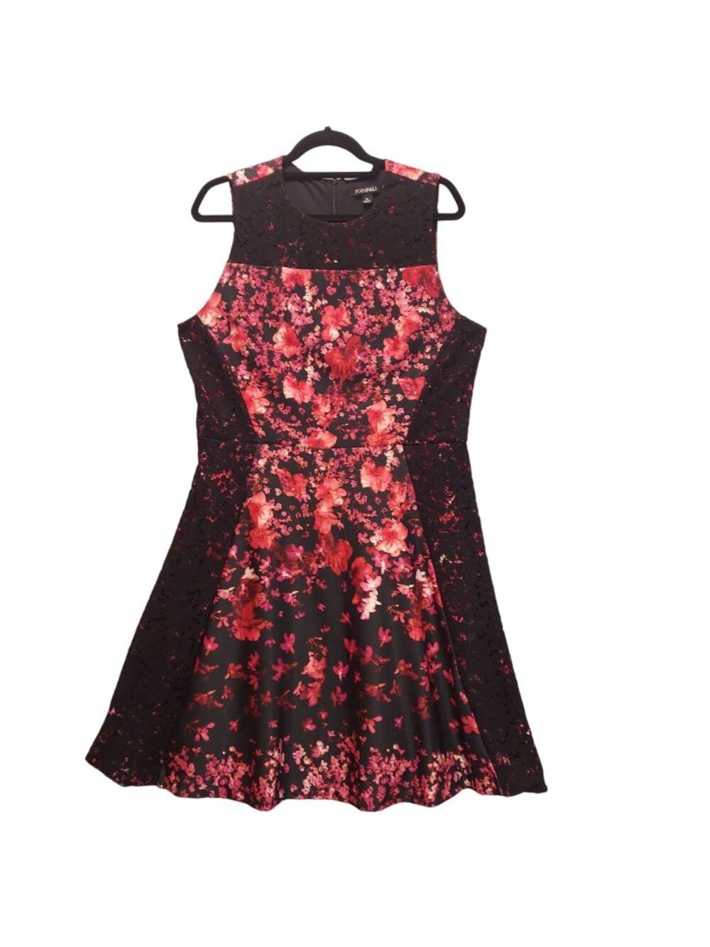 Womens Dress 16 Black Red Rose Floral Lacy Zip Sheath Feminine Career Date Night
